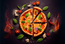 Generative AI Illustration Of Homemade Pizza With Tomato And Olives On Dark Stone Background
