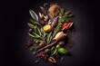 Generative AI illustration of wide variety spices and herbs on background of black table, with empty space