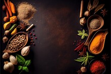 Generative AI Illustration Of Wide Variety Spices And Herbs On Background Of Black Table, With Empty Space