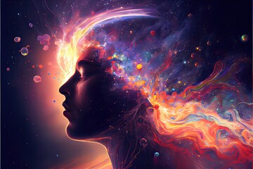 Poster - Generative AI illustration of annual collective mind concept art, exploding mind, inner world, dreams, emotions, imagination and creative mind, the pouring energy of the universe