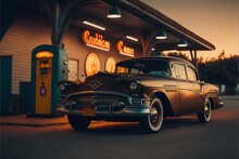  A Classic Car Parked In Front Of A Gas Station At Sunset Or Dawn With A Gas Pump In The Background And A Gas Station Sign That Says, Caution, Don't's.