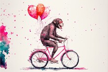  A Monkey Riding A Bike With Balloons On The Back Of It's Back Wheel And Wearing A Red Eye Patch On Its Cheek, With A Pink Frame And Red Nose And Nose,.