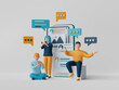 © NuTz - 3d illustration of cartoon people using smartphone surfing the internet and communicate on social media, online application.