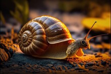  A Snail Is Sitting On The Ground In The Sun Light, With Its Shell Partially Covered In Sand And Gravel, With A Blurry Background Of Leaves And A Yellow - Like Substance In The Foreground.