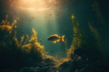  A Fish Swimming In A Large Aquarium Filled With Plants And Rocks And Water Plants And Rocks Under Water And Sunlight Shining Through The Water's Surface, With Sunlight Coming Through The Water,.