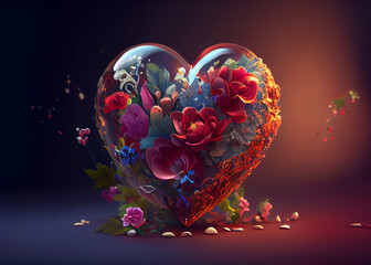 Canvas Print - Valentine's day concept background. 3d red hearts and flowers . Cute love sale greeting card. AI Generated