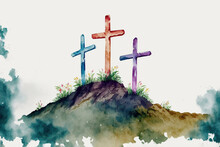 Good Friday - Crosses On Mount Calvary- Watercolour (Generative Art)