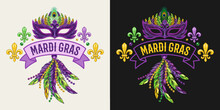 Carnival Mardi Gras Label With Fleur De Lis Symbol, Feathers, Carnaval Mask, Ribbon, Beads, Text. For Prints, Clothing, T Shirt, Surface Design. Vintage Style
