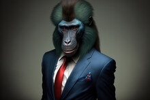 Portrait Of A Mandrill Dressed In A Formal Business Suit, Generative Ai