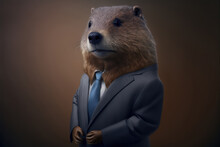 Portrait Of A Beaver Dressed In A Formal Business Suit, Generative Ai