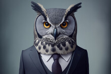 Portrait Of An Owl Dressed In A Formal Business Suit, Generative Ai