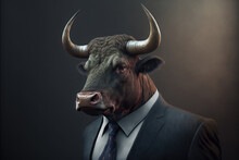 Portrait Of A Bull Dressed In A Formal Business Suit,  Generative Ai