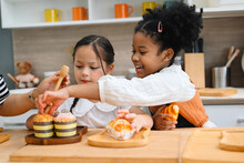 Children Making A Bread In Kitchen. Kids Learning Kitchen Skill