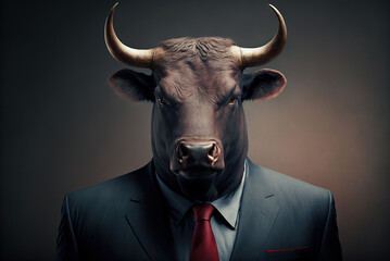 Portrait of a bull dressed in a formal business suit,  generative ai