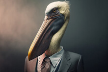 Portrait Of A Pelican Dressed In A Formal Business Suit,  Generative Ai