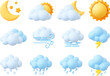 © MicroOne - Plasticine 3d weather icons, render style sun, cumulus and snowflakes. Trendy fluffy bubbles clouds, wind symbol, raindrops. Pithy isolated vector set