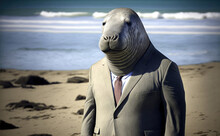 Portrait Of An Elephant Seal Dressed In A Formal Business Suit,  Generative Ai