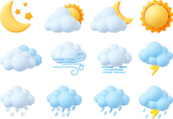 Wall Mural - Plasticine 3d weather icons, render style sun, cumulus and snowflakes. Trendy fluffy bubbles clouds, wind symbol, raindrops. Pithy isolated vector set