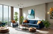 interior of luxury condominium with minimalist furniture and lush house plants and abstract wall paintings modern architecture