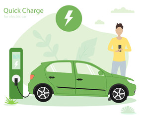 Wall Mural - Quick charge. Electric car flat infographic elements. Vector illustration