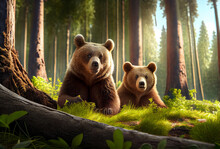 Close Up Two Brown Bears In The Forest. Dangerous Animal In Natural Habitat. Wildlife Scene. Generative Ai Art.