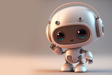 Friendly positive little white robot with glowing blue smiling eyes on the screen. Chatbot greets, customer support service. Robotic Toy. 3d render on light backdrop. Generative ai