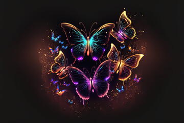 Wall Mural - beautiful butterflies on dark background. fantasy illustration. generative ai