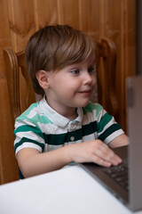 Wall Mural - The boy sits at the laptop, the child learns remotely at the computer, classes online