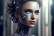 A beautiful woman with bright blue eyes, a half-cyborg face and in a futuristic setting, generative ai