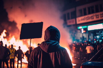 Wall Mural - Concept riot of people vs government. Aggressive man without face in hood against backdrop of protests and burning cars. Generation AI