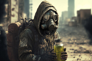 Soldier wearing gas mask in post-apocalyptic city ruins and battlefield. War concept.Generative AI.