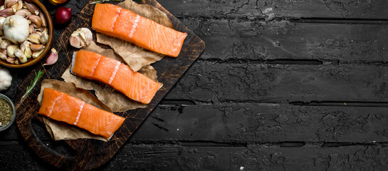 Poster - Raw salmon fish filet with spices.