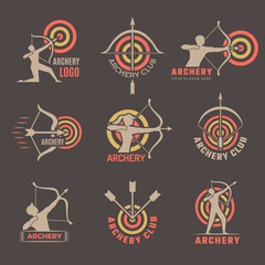 Archery club. Labels or logo with bow and archer recent vector business identity for sport competition