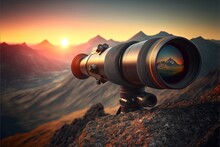  A Camera Lens On A Tripod On A Mountain Top At Sunset With A View Of The Mountains In The Distance Behind It, With A Bright Orange Sky And A Distant Mountain Range In The Background. Generative Ai
