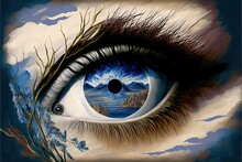  A Painting Of An Eye With A Mountain In The Background And A Lake In The Center Of The Eye Is A Blue Sky With Clouds And A Black Dot In The Center Of The Eye. Generative Ai