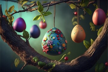 Poster -  a tree branch with a bunch of decorated eggs hanging from it's branches and a branch with leaves and flowers hanging from it, with a green background of blue sky and green leaves. generative ai