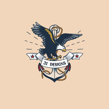 Marine Navy Old Tattoo Logo Template With Ribbon Nautical Theme Anchor Vintage Retro Sailor Nautical Eagle Illustration