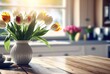 tulips bouquet in vase on wooden table at kitchen, warm light shine bright from behind, idea for spring background , Generative Ai