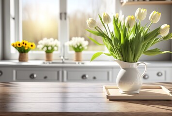 tulips bouquet in vase on wooden table at kitchen, warm light shine bright from behind, idea for spring background , Generative Ai