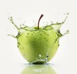 canvas print picture - Grüner frischer Apfel mit Spritzer auf weißem Hintergrund, Generative AI 