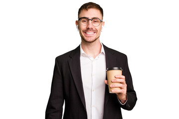 Wall Mural - Young business caucasian man drinking a coffee isolated cutout happy, smiling and cheerful.