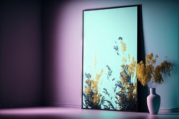 Canvas Print -  a vase with flowers is sitting in front of a mirror on a table next to a vase with flowers in it and a blue wall behind it is a purple wall with a blue background. generative ai