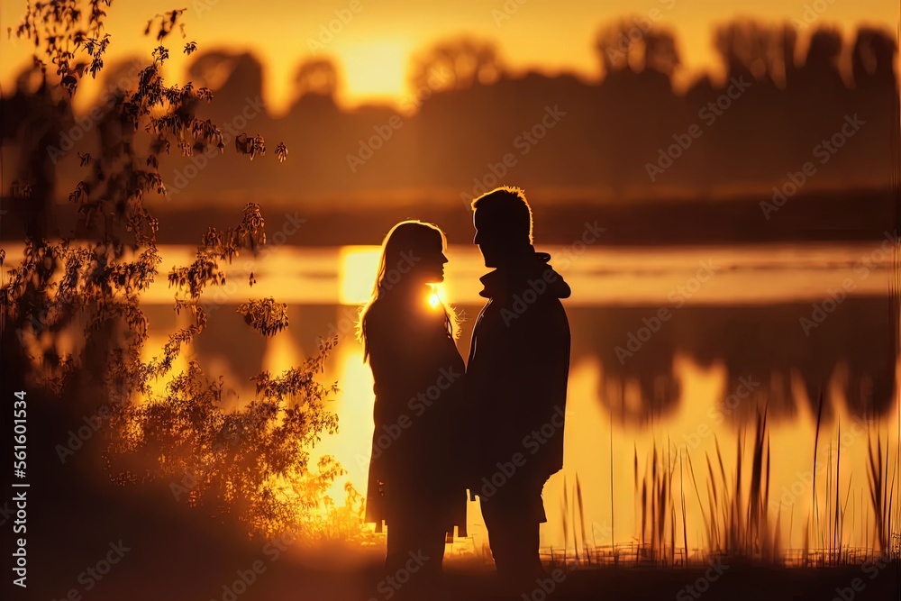 a couple of people standing next to each other near a lake at sunset or ...