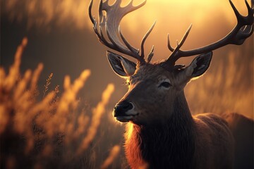 Wall Mural -  a deer with antlers standing in tall grass at sunset with the sun shining through the trees behind it and the grass in the foreground is yellow and the background is a blurry. Generative AI