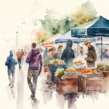  A Watercolor Painting Of People Shopping At A Farmers Market With A Blue Tent And Blue Umbrellas Over The Tables And People Walking By It, And A Man In The Foreground Is Wearing A. Generative Ai