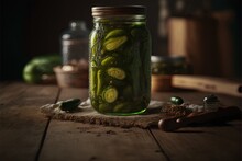  A Jar Filled With Pickles Sitting On Top Of A Wooden Table Next To A Knife And A Jar Of Pickles On A Table Top Of Wood With A Wooden Spoon And A Jar. Generative Ai