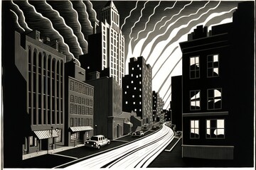 Poster -  a black and white drawing of a city street with buildings and a car on the road and a sky line in the background with clouds and a sun shining through the window and a building. generative ai