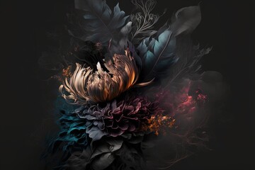Wall Mural -  a flower with a lot of leaves on it's back side and a black background with a red, blue, and yellow flower on it's side, and a black background. generative ai