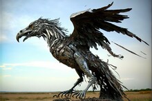  A Sculpture Of A Bird Made Of Scrapbook Pages In A Field Of Grass And Dirt With A Sky Background  Generative Ai Generative Ai Generative Ai