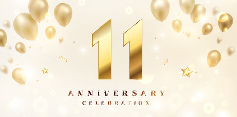 Wall Mural - 11th Anniversary celebration background. 3D Golden numbers with bent ribbon, confetti and balloons.